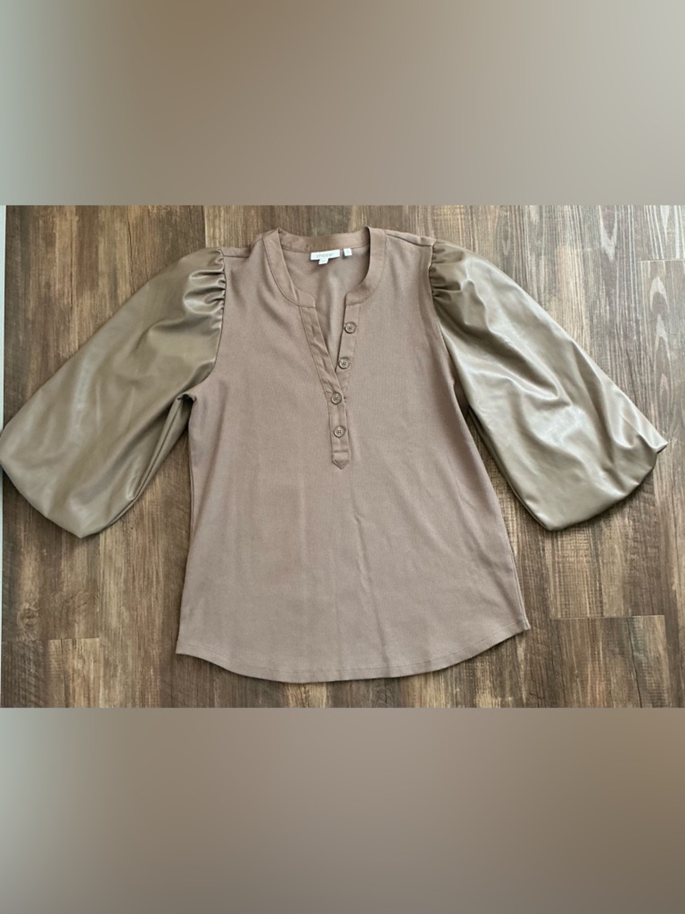 Chico's Taupe Henley Top with Faux-Leather Puff Sleeves